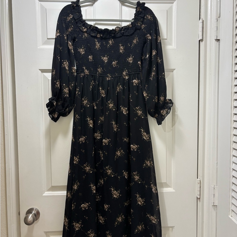 Aakaa Black Floral Smocked Dress